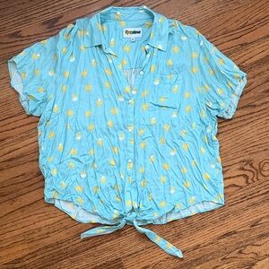 Tipsy Elves Blue Button-Down Shirt with Yellow chicks Design